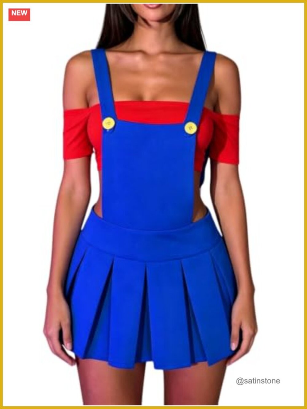 Off Shoulder Crop Top & Pleated Mini Skirt Costume Set Cosplay Super Bros